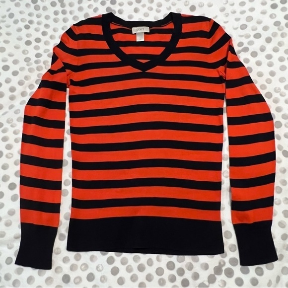 LOFT Factory Orange And Navy Striped V-Neck Sweater Size XS - Picture 6 of 11